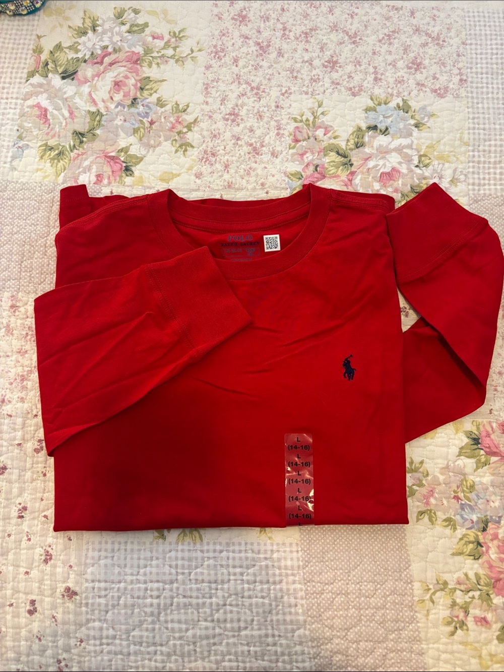 Ralph Lauren Red Crewneck Long Sleeve Tee with Navy Pony